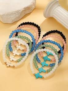 5/10pcs Colorful Glass Beaded Elastic Bracelet Set, Unisex DIY Multi-Layer Cross Bracelet, Suitable For Casual Daily Wear