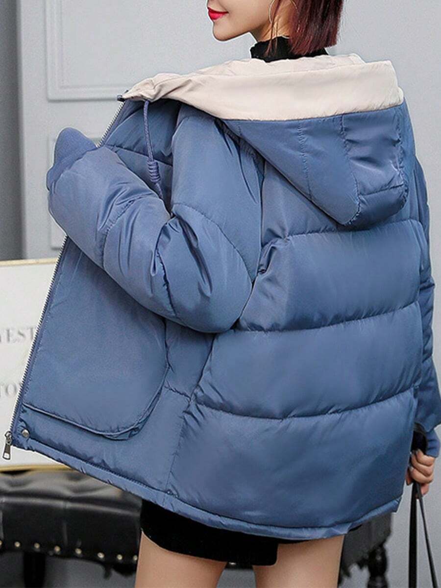 Abrigo corto de invierno para mujer, corte holgado, tallas grandes, chaqueta acolchada gruesa, con cremallera y capucha, diseño con bloques de color Abrigos de Invierno para Mujer - Azul - Ver 1