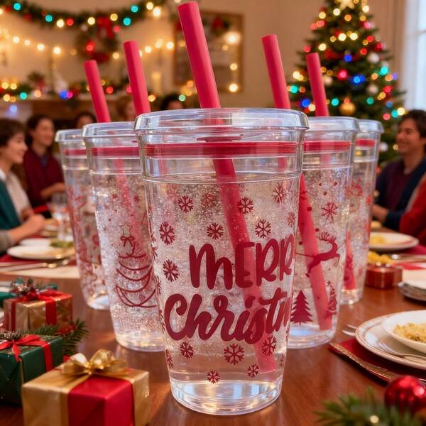 1 pezzo Tazza di plastica riutilizzabile con coperchio e cannuccia - Tazza per bevande fredde/calde in plastica con disegni di Babbo Natale, renne, albero di Natale, omino di pan di zenzero, Buon Natale, leggera e portatile, adatta per Natale, feste, Ognissanti, San Valentino, Capodanno, compleanni