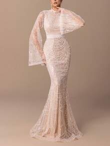 女士串珠美人鱼裙摆长款晚礼服 - 立领、喇叭袖、修身剪裁，适合婚礼、盛大晚宴、正式活动、黑领结晚宴、红毯、奢华婚礼、颁奖典礼等场合 - 香檳色 - 查看 6