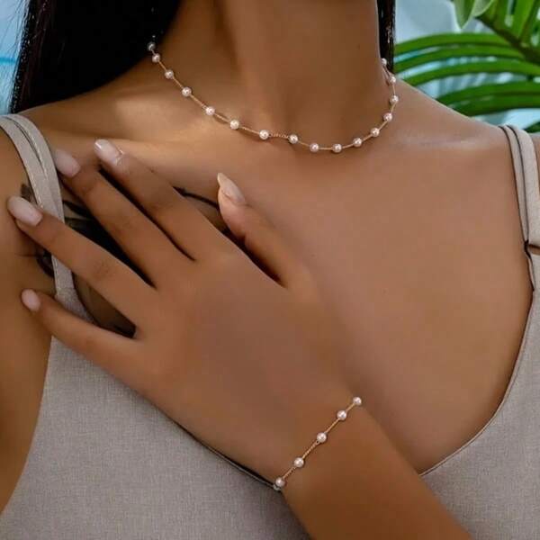 1 collar + 1 pulsera para mujeres con perlas de imitación, adecuado para reuniones diarias, regalos del Día de San Valentín, regalos del Día de la Madre y regalos para miembros de la familia