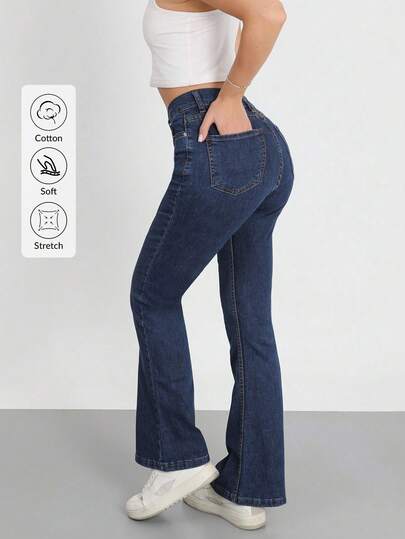 Damen Schlagjeans in Dunkelwäsche, lange Länge, Knopf- und Reißverschlussdetails, Nicht-Stretch-Stoff, geeignet für Party oder süßen Stil