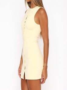 Womenacute;S Summer Tank Dress Solid Color Sleeveless Round Neck Button Down Mini Bodycon Dress - Yellow - View 3