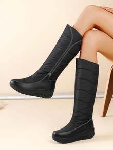 Women's Fuzzy Faux Fur Winter Snow Boots Fashion Platform Wedges Heel Pull On Waterproof Casual Comfy Knee High Boots Woman - 黑A - 查看 3