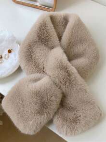 1件装 女士时尚柔软仿毛皮交叉围巾 披肩领羊毛加厚围巾头巾 女孩百搭休闲秋冬保暖颈巾 适合日常搭配连衣裙 - 卡其色 - 查看 2