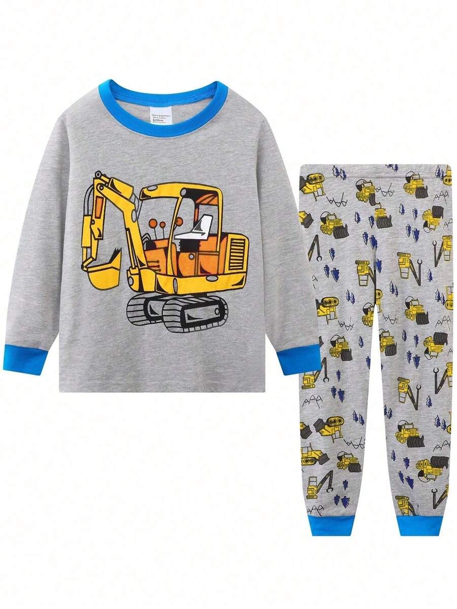 Young Boy 2pcs/Set Heart & "Love Mom" Print Crew Neck Long Sleeve Pajama Set - Grey - View 1