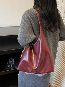 Bolso de mano de unicolor de moda 2026, bolso de diseño de nicho minimalista para llevar debajo del brazo, bolso de hombro de gran capacidad (sin colgante) - Rojo - Ver 3