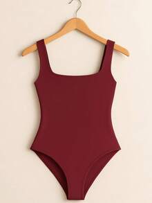 Women's Bori Bodysuit Square Neck Tank Top Thick Strap Basic Casual Blogger Suplex Various Colors Spring Summer - 酒紅色 - 查看 2