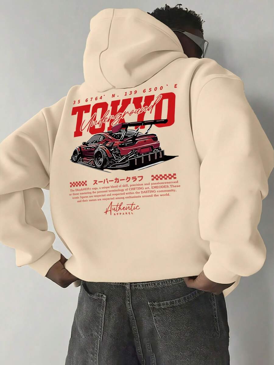 Men's Letter & Racing Car Print Long Sleeve Hoodie Sweatshirt