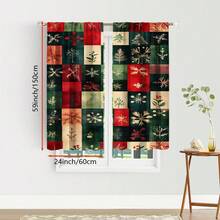 2pcs Patchwork Christmas Pattern Curtains, Retro Design Light - Filtering Polyester Curtains For Christmas Home Windows, Rod Pocket Curtains For Living Room & Bedroom Decor
