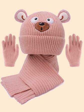 3-delat stickat set med mössa/halsduk/handskar för barn, 3 färger tillgängliga, tjock och varm vinteroutfit, minimalistisk och söt mode, lämplig för barn 3-12 år, utomhusvandring/skidåkning och daglig vinterkläder