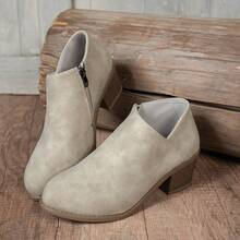 秋冬女装时尚粗跟侧拉链休闲踝靴、粗跟切尔西靴、机车靴、骑马靴、冬靴、女靴、冬鞋、黑色高跟鞋 - 米色 - 查看 8