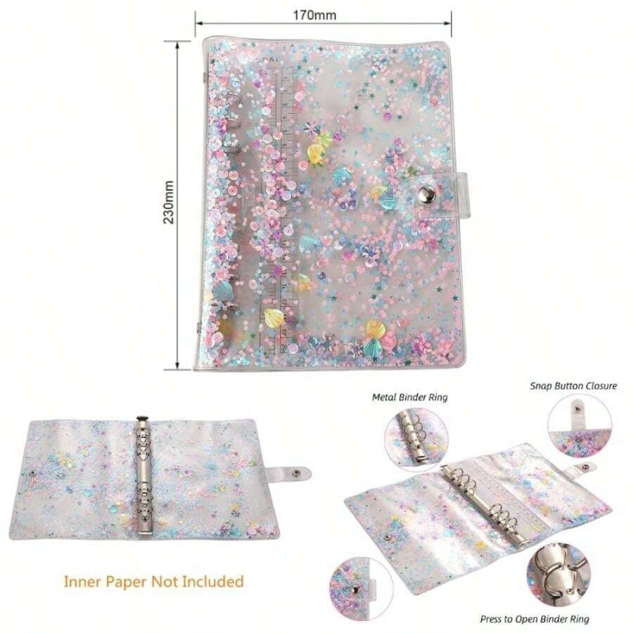 Journal Binder Cover A5 Plastic Planner Cover Notebook Binder Refillable Notebook 6. U201Dx9.2u201D Round - Ring Planner Pages Inner Paper Not Included - 五彩紙屑-粉紅色 - 查看 1