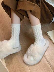 1pair Women's Thick, Soft, Warm Mid-Calf Solid Color Floor Socks For Autumn And Winter - trắng - Xem 4