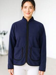 Jachetă de damă din fleece cu buzunare contrastante - Îmbrăcăminte de exterior cu mânecă lungă și guler înalt, fermoar complet, pentru călătorii de iarnă, naveta în aer liber și îmbrăcăminte confortabilă în straturi, de zi cu zi