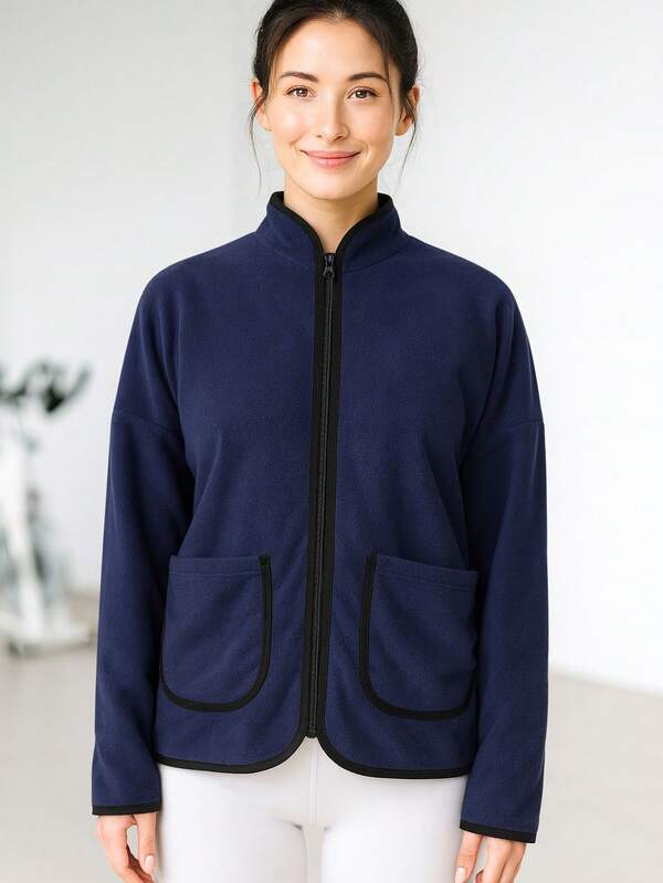 Jaqueta feminina de lã com bolsos contrastantes - gola alta, zíper completo, manga comprida, agasalho para viagens de inverno, deslocamentos ao ar livre e uso diário em camadas aconchegantes