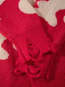 ANDREILEE Autumn/Winter Men's Casual Loose Solid Color Ribbed Flame Pattern Retro Streetwear Distressed Design Button V-Neck Cardigan Knit Long Sleeve Jacket - Red - View 6