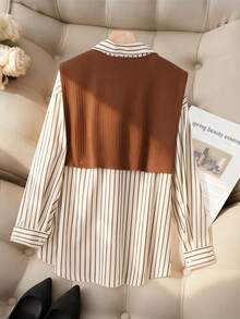Plus Size Women Fashion Casual Commute Versatile Striped Long Sleeve Shirt & Knitted Shawl, Spring, Office Wear, Airport - Apricot - View 3