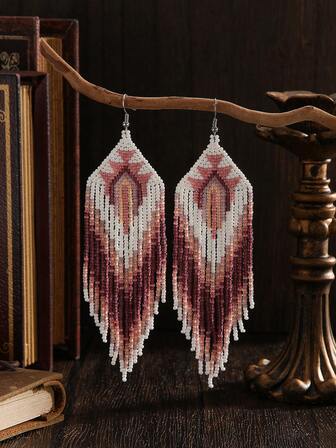 2 件手工串珠波西米亚流苏耳环，复古、灵感、白色、粉色、深紫色珠子，几何钻石形缝合图案，渐变长流苏吊坠，优雅时尚的配饰，玻璃种子珠编织耳环，适合女性度假、派对、休闲日常穿着，用途广泛，是送给她的完美礼物