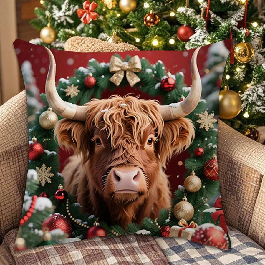 1pc 18" X 18" (45cm X 45cm) Holiday Christmas Cow Print Pillow Case, Single-Sided Print, Suitable For Sofa, Living Room, Bedroom Decoration, Pillow Insert Not Included - Multicolor D - View 1