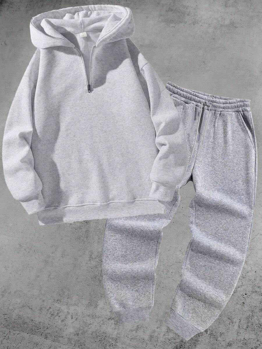 Bộ đồ thể thao ngoài trời mùa xuân/thu nhẹ dành cho nam, gồm áo hoodie nửa khóa kéo và quần lửng màu trơn có dây rút ở eo, kiểu dáng thời trang, thích hợp cho chạy bộ, tập luyện, phong cách boyfriend năng động. - Xám - Xem 1