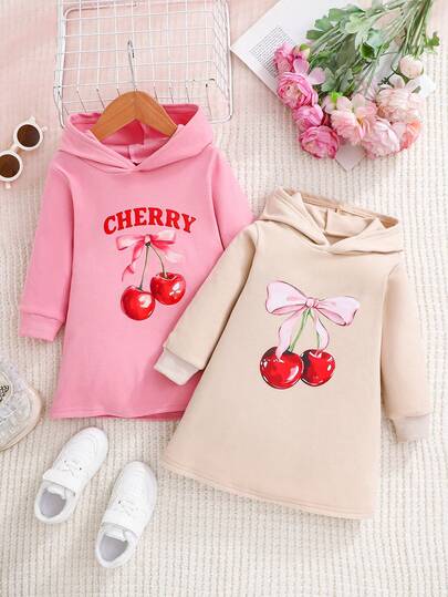 2pcs/Set Girls Hooded Sweatshirt Dress, Pink + Beige, Cherry Blossom & Bow Print Long Sleeve, Casual & Sweet Style, Soft Fleece Fabric, Suitable For Spring, Autumn & Winter