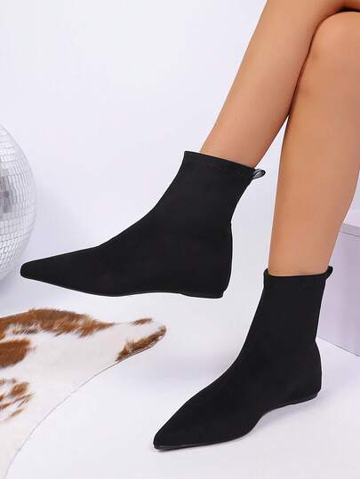 Damen Mode Spitzschuh Keilabsatz Schwarz Lässig Knöchel Stiefel, Veloursleder Stoff, Elastisch, geeignet für Arbeit, Pendeln, Herbst/Winter