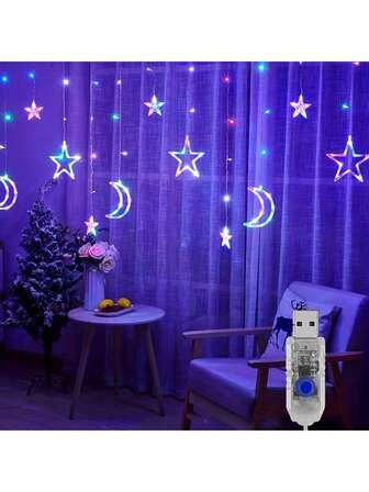 1 Set de Luces de Cadena con Estrellas y Lunas, 120 Luces de Hadas de Cortina, Adecuadas para Bodas, Fiestas, Decoración del Hogar, Dormitorio, Patio y Jardín Exterior