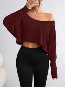 Women's Casual Off-Shoulder Long-Sleeved T-Shirt With Elasticated Pure Color Top Suitable For Daily Spring Wear And Machine Washable Lining - 酒紅色 - 查看 4