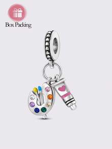 1 件银色涂层吊坠珠，釉面油画调色板形状，适合搭配原装手链 DIY 制作，日常派对购物 - 銀色 - 查看 2