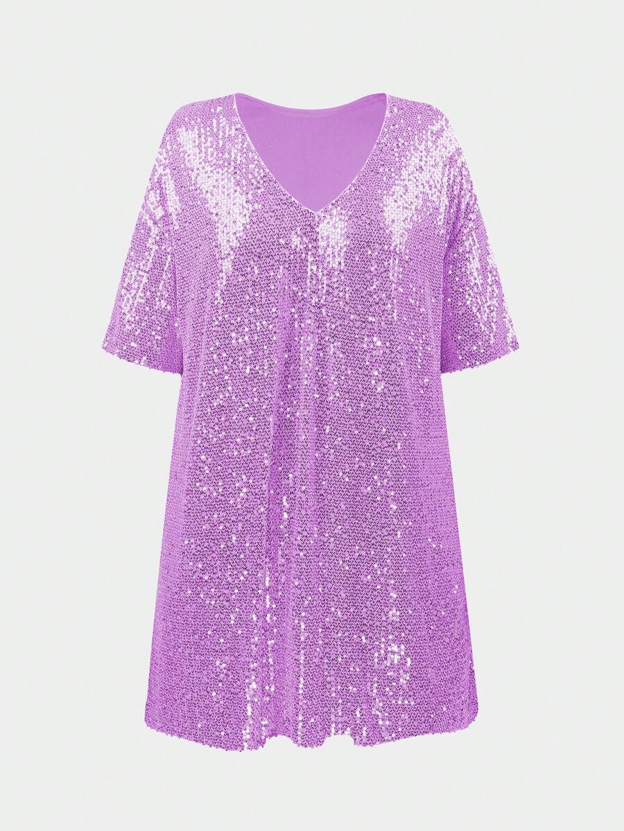 New Summer European And American Style Women's Round Neck Elegant Casual Loose Sequin Party Evening Dress - Purple - View 1