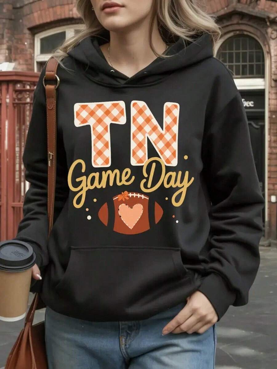 Men'S Fleece Pullover Hoodie With Game Day Lettering & Graphic - Oversized Loose-Fit Casual Y Sweatshirt, Long Sleeve Winter Warmth, Drawstring Hood, & Orange Team Spirit Apparel For Tailgating,Fall Hoodies,Men's Fall Clothes,Street Wear,Halloween,Mens Hoodies,Y2k Clothes,Jesus Hoodie,Thanksgiving Day,Nightmare Before Christmas,Christmas - 黑色 - 查看 1