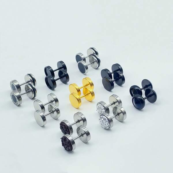 Runde Scheiben-Ohrringe, hochglanzpolierte medizinische Stahl-Schraubverschluss-Ohrstecker mit runder Scheibe. Kugelstab-Ohrstecker, 9er-Set (8 mm) für Damen und Herren, gemischtes Set aus Gold, Silber und Schwarz