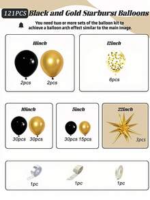 121 pièces/set Kit d'arche de guirlande de ballons noirs et dorés, ballons confettis noirs et dorés avec étoiles, pour la décoration de fête du Nouvel An, d'anniversaire, de mariage