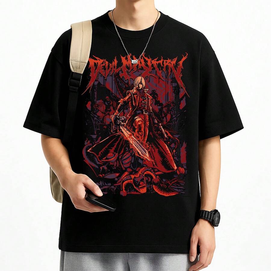 Anime T-Shirt Video Game Devil May Cry Dante Unisex Male Female 100% Cotton Top Premium Streetwear Launch Immediate Shipping Various Colors!! Plus Size - 黑色 - 查看 1