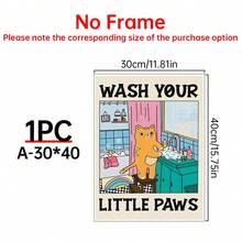 1 cartellone murale in tela, Lava le tue zampine, cartellone con uno stile artistico unico che raffigura un gatto vicino al lavandino, adatto per la decorazione artistica in camere da letto, soggiorni o appartamenti. Include regali di murali senza cornice o con cornice, estetica per la decorazione della stanza, decorazione della parete, decorazione vintage della stanza e raffinata decorazione della parete.