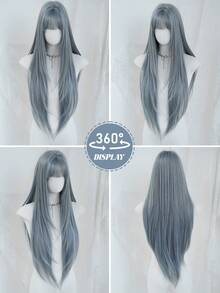 Peruci lungi și drepte, albastre, de 32 de inci, pentru femei - Perucă elegantă cu breton - Rădăcini închise la culoare, aspect natural, pufoasă, foarte moale, sintetică, rezistentă la căldură, perucă completă pentru fete, pentru zi cu zi, festivaluri de muzică, pentru cosplay, utilizare anime, cadou pentru prietenă - Albastru - Vizualizare 5