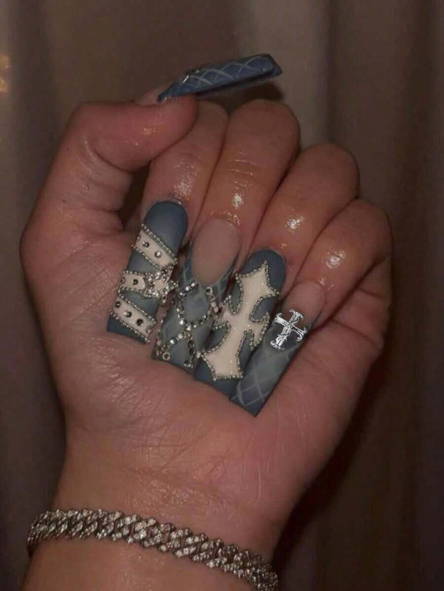 24Pcs Y2K Style Nails Long Square Press On Nails Blue And White Grid French Tip Glossy Full Cover Fake Nails 3D White Rhinestone&Metal Cross Fashion Style False Nails For Women And Girls - Includes Nail File & Jelly Adhesive Nail Supplies Nails - 玫瑰金 - 查看 1