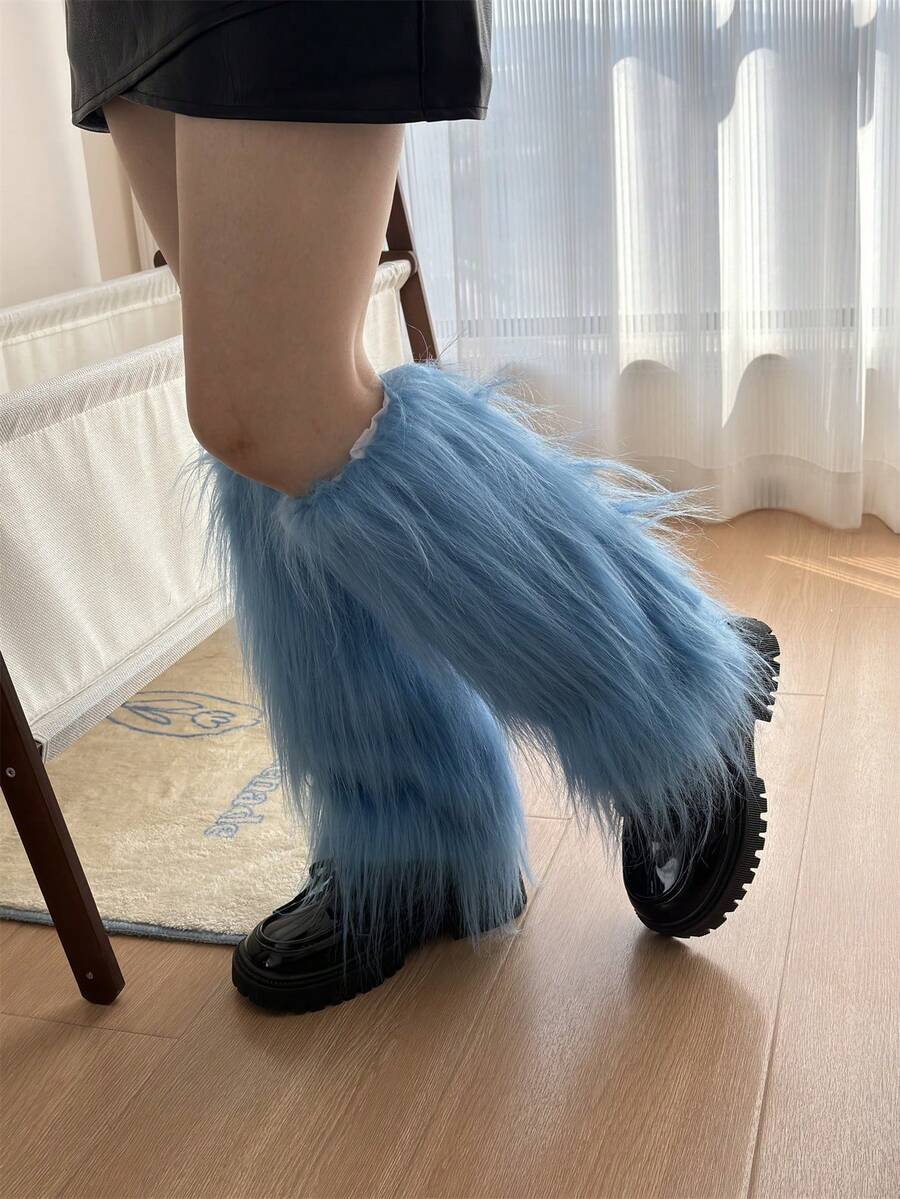 女士Y2K毛绒腿套，柔软舒适，冬季保暖，可遮盖靴筒，适合万圣节、圣诞老人装扮等场合。