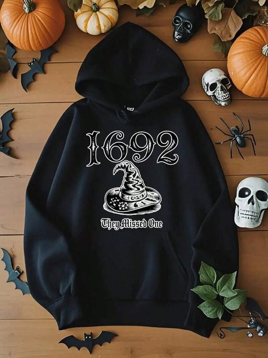 Men'S 1692 Wizard Hat Graphic Hoodie - Cozy Red Pullover With "They Missed One" Design, Large Pocket, Machine Washable, Perfect For Casual Wear & Gifts, Everyday Comfort Hoodie | Playful Graphic Hoodie | Comfortable Fit Hoodie,Fall Hoodies,Men's Fall Clothes,Street Wear,Halloween,Mens Hoodies,Y2k Clothes,Jesus Hoodie,Thanksgiving Day,Nightmare Before Christmas,Christmas - 黑色 - 查看 1