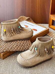 1 Pair Autumn/Winter New Retro Velvet Children Boots, Girls Korean Version Tassel Short Boots With Back Zipper, Princess Shoes