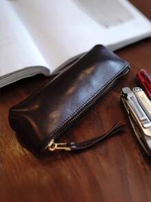1pc Retro Minimalist Stationery Pencil Case, Soft Leather Material, Can Be Used As Toy, Cosmetic Or Stationery Storage Pouch,Bag