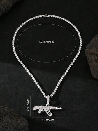 1pc Men's Gold Plated AK47 Weapon Pendant Necklace, Iced Out 5A Cubic Zirconia 20 Inch Tennis Chain, Gift For Men