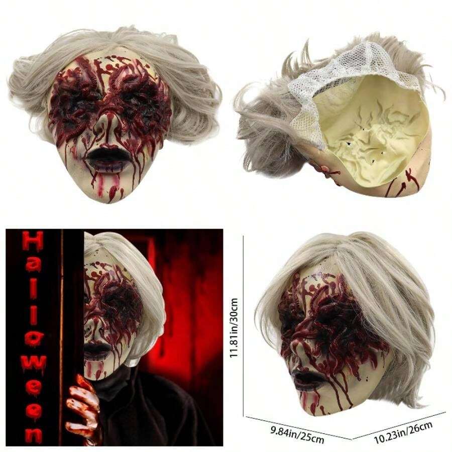 Genrico Mscara de bruja de terror de Halloween, mscara de fantasma de pelo blanco aliengena, mscara de zombi demonio, de disfraces, accesorios de de cosplay de A estndar - inicial - Ver 1