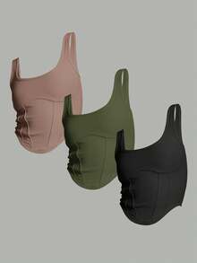 3 件套女式 U 领修身不对称下摆吊带背心套装，黑色、卡其色、绿色，搭配基本款，适合瑜伽、健身、户外、日常、办公室 - 彩色 - 查看 3