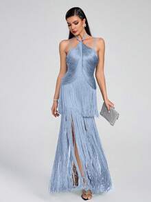 Girsdy Blue Summer Fashion Halter Solid Color Minimalist Handmade Tassel Bandage Sleeveless Dress, Elegant & Graceful For Party, Cocktail, Evening Gown