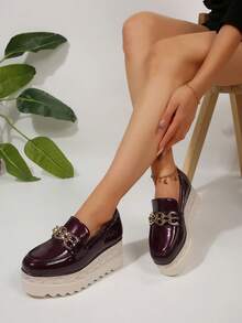 Damen Plateau Plateau-Schuhe, einfarbiger Metallketten-Dekor, für Pendeln & Büro - Bordeaux - Übersicht 3