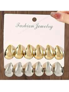 6-12pcs Gold/Silver Plated Water Drop Stud Earrings, Suitable For Gifts, Parties And Various Occasions