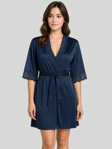 Luxury Romantic And Lace Robe Comfortable Bathrobe Night Line Bride And Maternity - 藏蓝色 - 查看 2