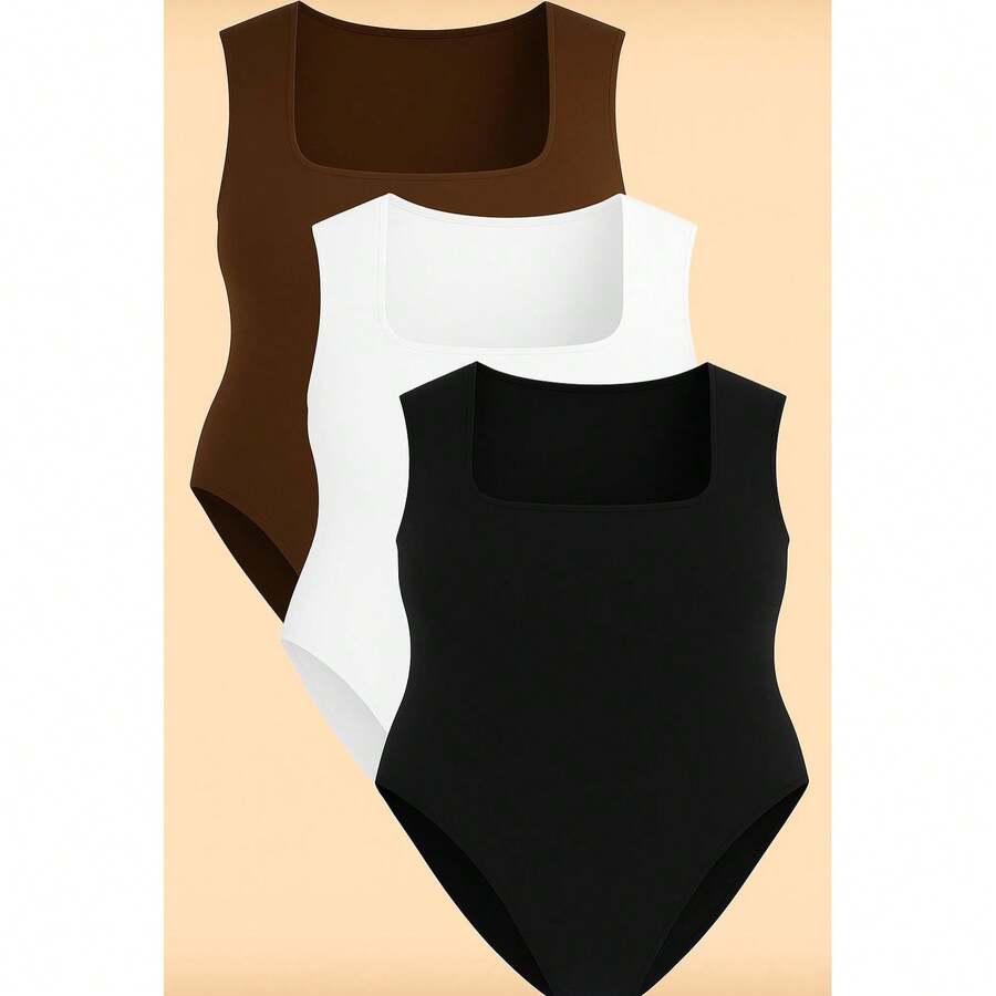 Kit 3 Bory Plus Size Body Bori Tank Top Thick Strap Closed Back Second Skin Fresh Fashion Spring Summer Timeless Clothes Large - 黑色/白色/棕色 - 查看 1